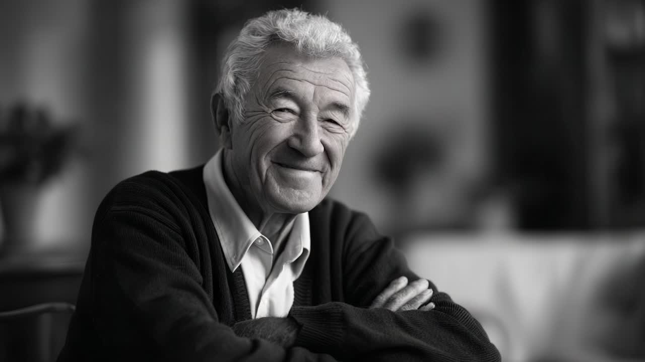 Retrato cautivador de un hombre mayor sonriendo en un entorno acogedor, que irradia calidez, sabiduría y un encanto elegante con un fondo de efectos bokeh artísticos.