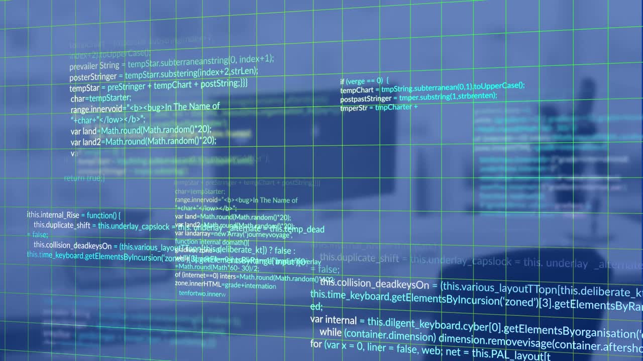 Animation of data processing over grid network against view of office desk