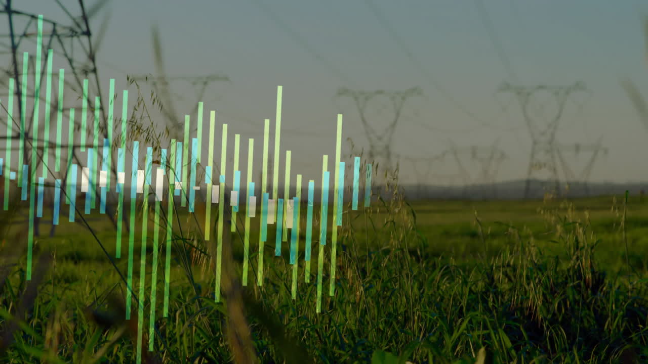 Digital bars rising above rural field overlapping power towers and tall grasses, in 3D render