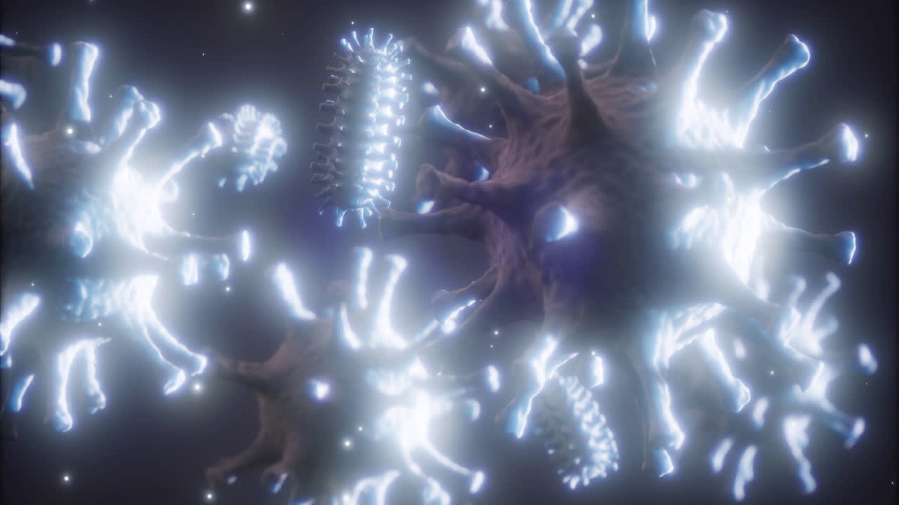 Microscopic view of vibrant cellular structures illuminating the dark