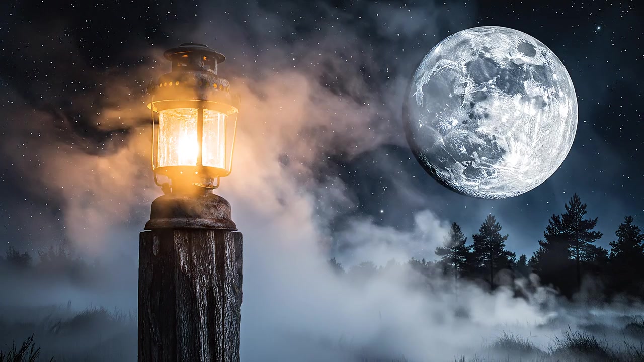 Vecchia Lanterna che Brilla Sotto una Grande Luna Piena in una Notte Stellata