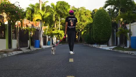 a boy walking with a dog.