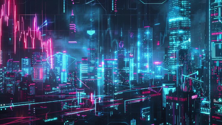 abstract city scene of data and code made with generative AI