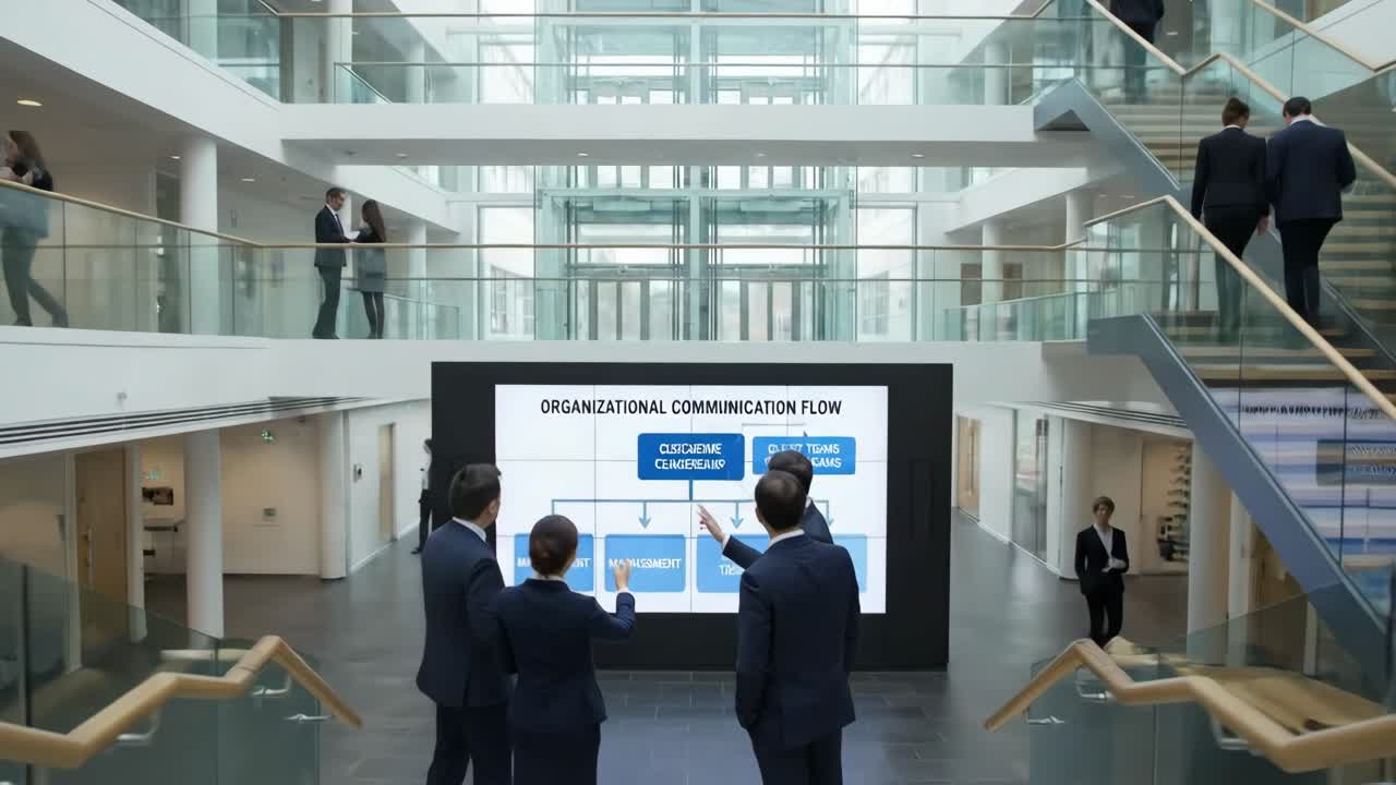 Virksomhedsmedarbejdere i moderne kontorlobby med digital skærm
