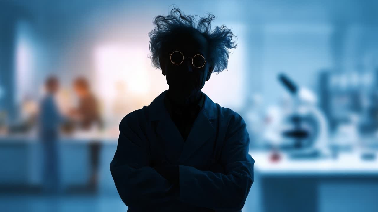 A mysterious scientist figures prominently with wild hair and glasses, surrounded by a blurred laboratory backdrop filled with scientific equipment and activities