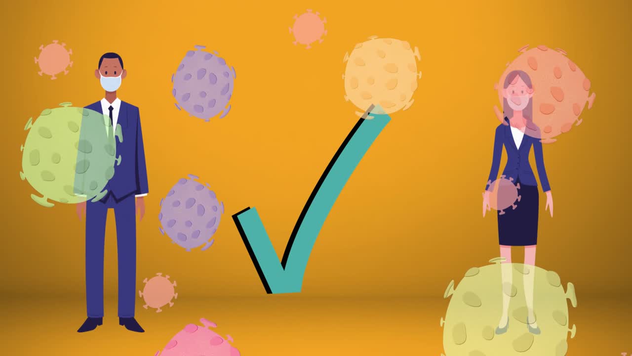 마스크를 착용한 사업가와 사업가는 코로나19 세포에 대한 사회적 거리를 유지하는 아이콘입니다.