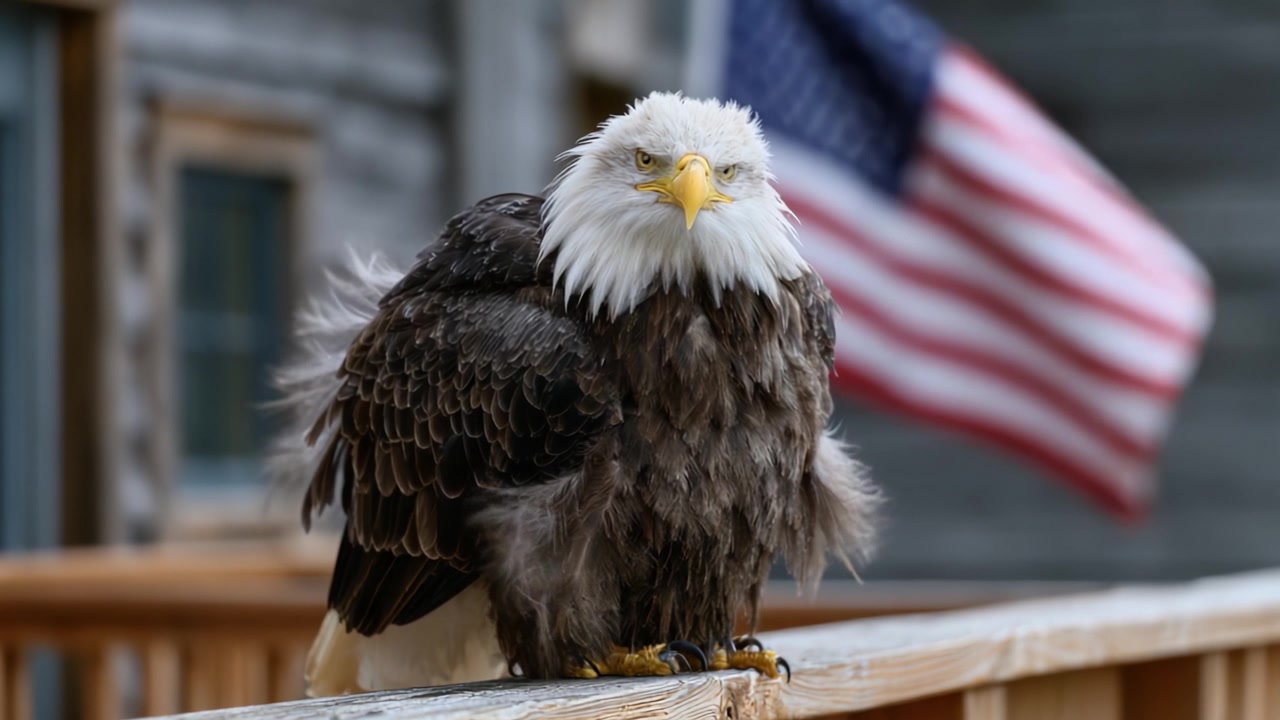 Maestosa aquila calva appollaiata con orgoglio con la bandiera americana sullo sfondo, simboleggiando libertà e forza nella natura.
