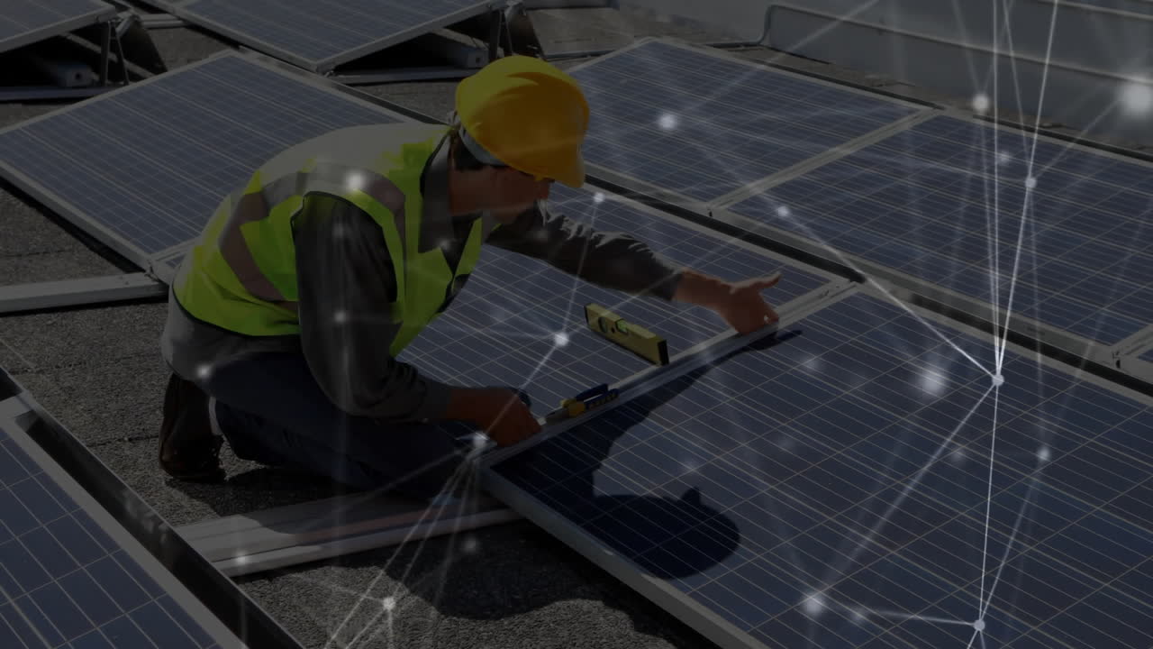 Installing solar panels, worker in safety gear with network connections animation
