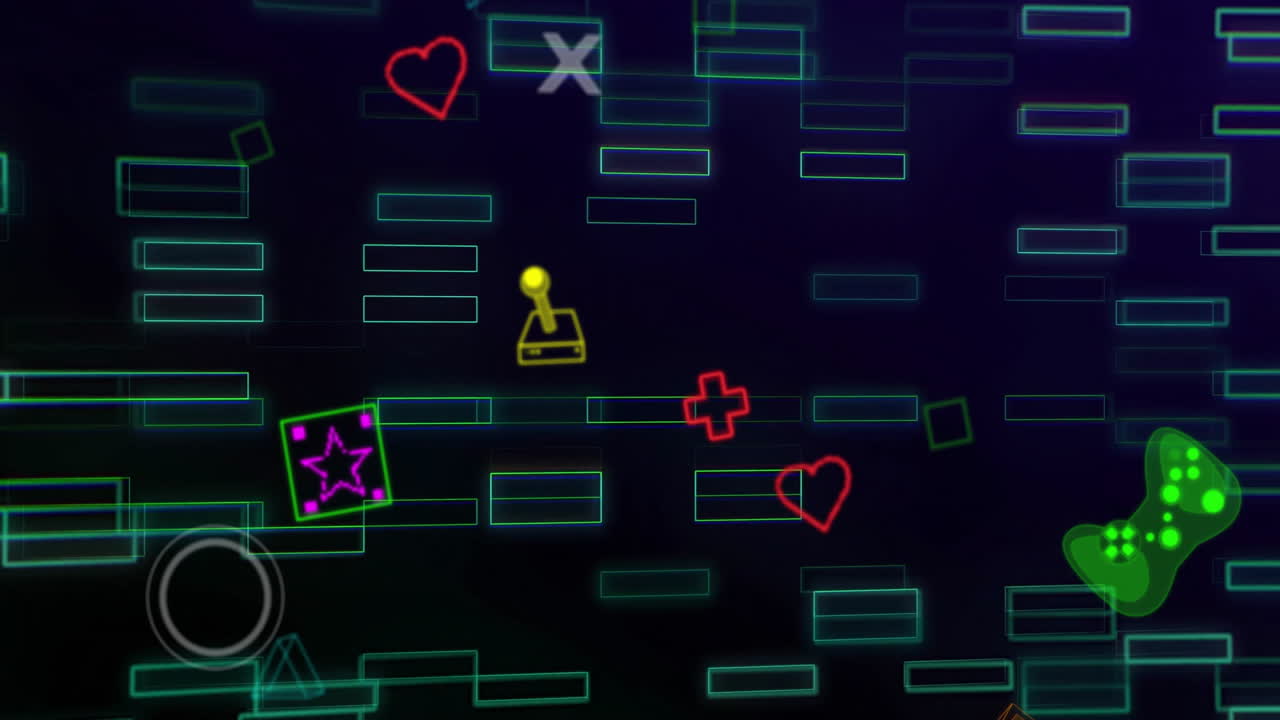 animación de iconos de videojuegos sobre el fondo de patrón de neón