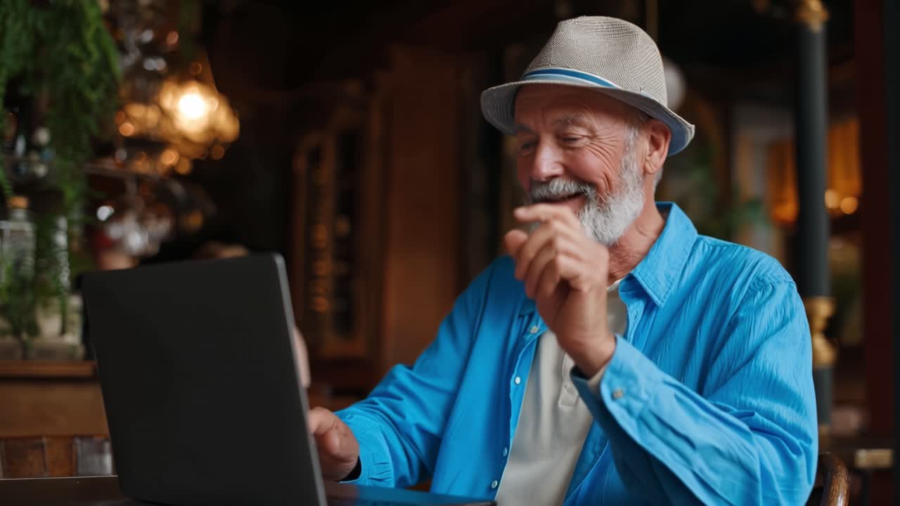 L'illuminazione calda mette in risalto un uomo anziano allegro. Digita su un laptop con un sorriso gentile. Indossando un cappello e una camicia vivace, appare coinvolto. Si siede a un tavolino accogliente di un caffè, rilassato e contento.