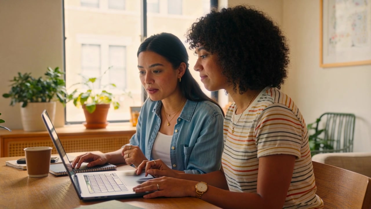 Pointing, light blue shirt woman guiding striped T-shirt friend finding info on laptop at home desk