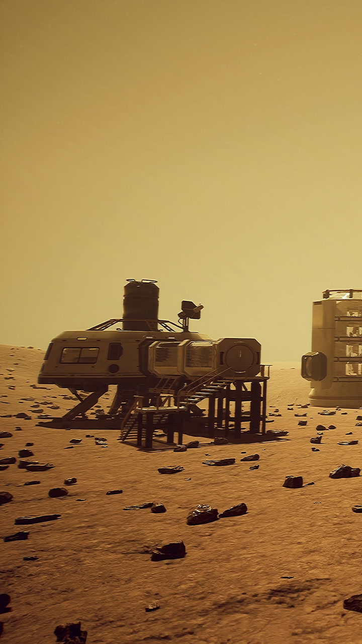 Mars base in the desert landscape under a hazy orange sky at sunset