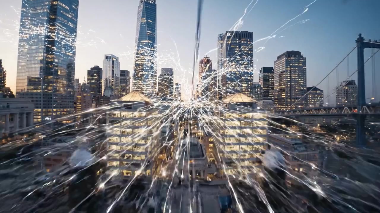 Futuristic Cityscape with Autonomous Vehicles, Urban Life, and Skyscrapers Under Twilight Sky: A Vision of Modern Transportation and Innovation