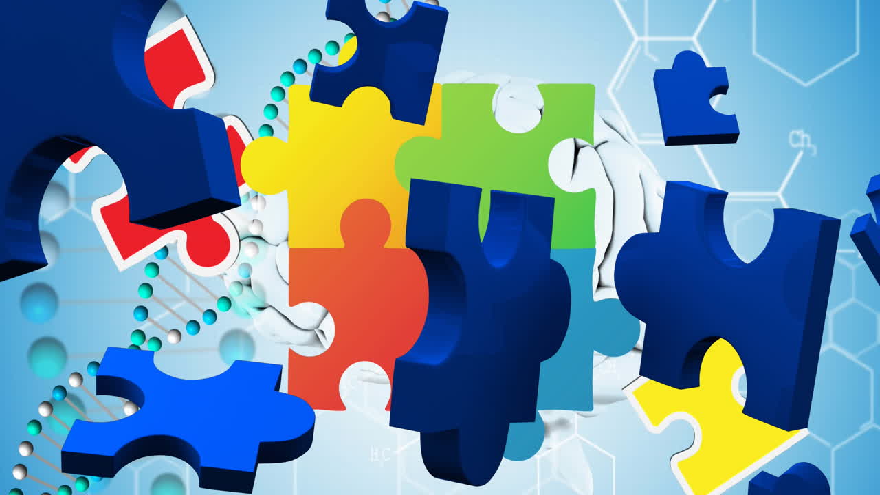 animaciones de piezas de rompecabezas coloridas que caen sobre un fondo azul.