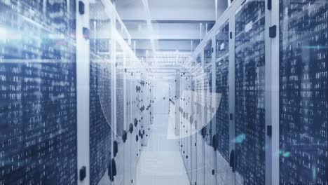 animation of scope scanning and data processing over tech room with computer servers
