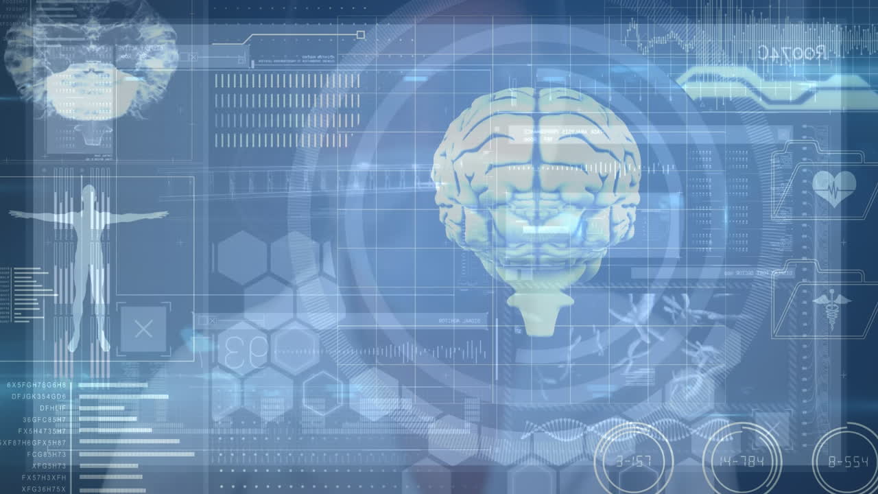 Animation of digital screen over digital brain and caucasian woman with face mask