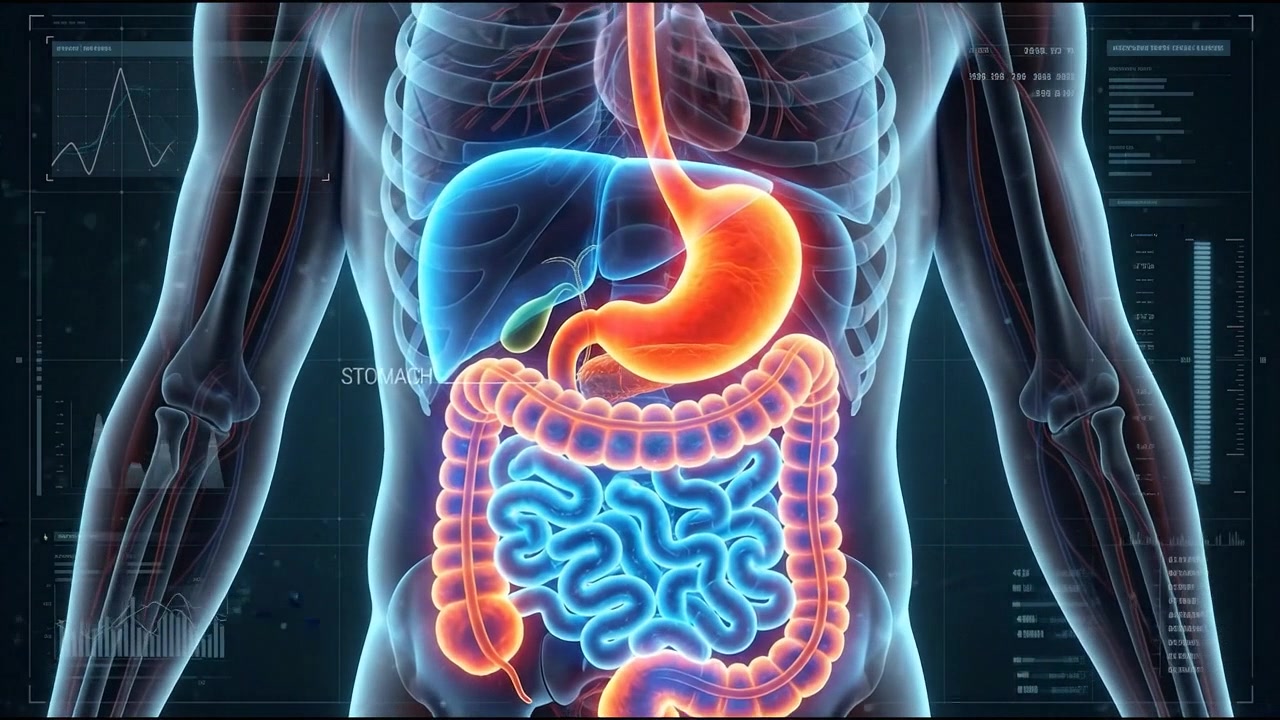 Human body silhouette displaying glowing red digestive stomach and intestines