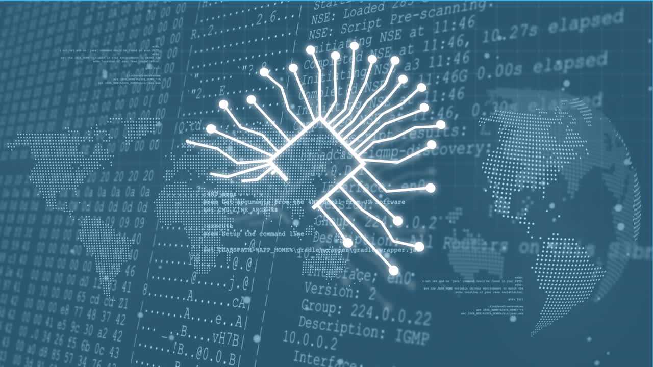 Animation of ai text and icon, data processing over globe