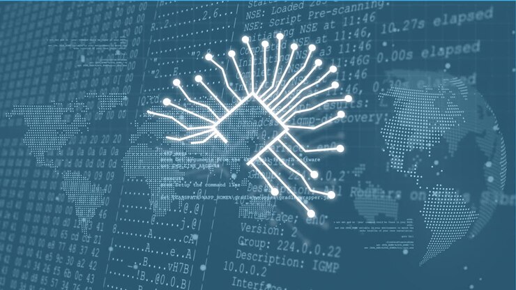 Animation of ai text and icon, data processing over globe