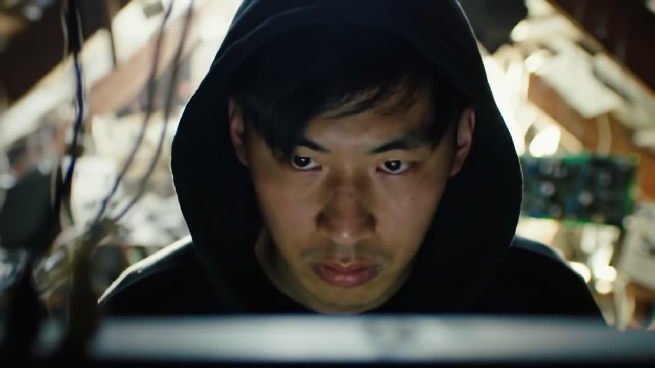 A Focused Technician in Shadows: Engaged in Complex Digital Tasks Surrounded by Intricate Circuitry and Technological Gadgets in an Ambient Atmosphere