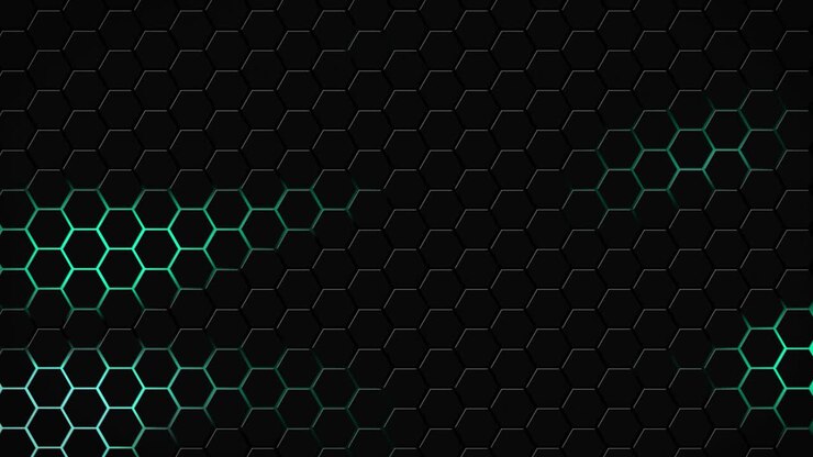 Dunkle Hexagon-Geometrie, leuchtende Kacheln, 3D-Animation, Neon-LED-Leuchtformen, Cyber-Digitalmuster, Technologie-Hintergrund, Farbe Dunkeltürkis-Aqua