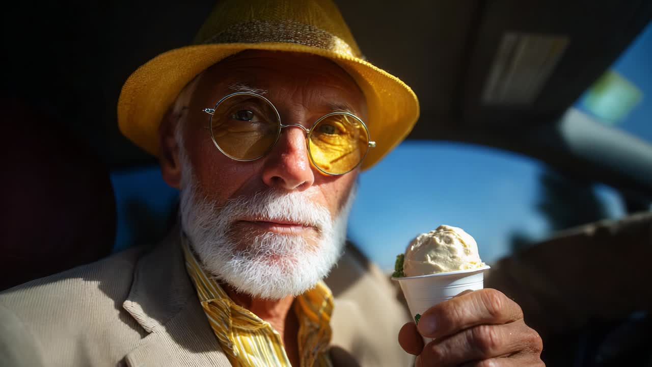 An elderly man in a yellow hat and sunglasses enjoys a delicious ice cream cone while sitting in a car, capturing a moment of simple joy and nostalgia during a sunny day