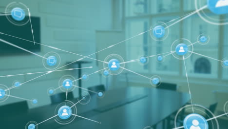 network of connections and social media icons animation over office setting