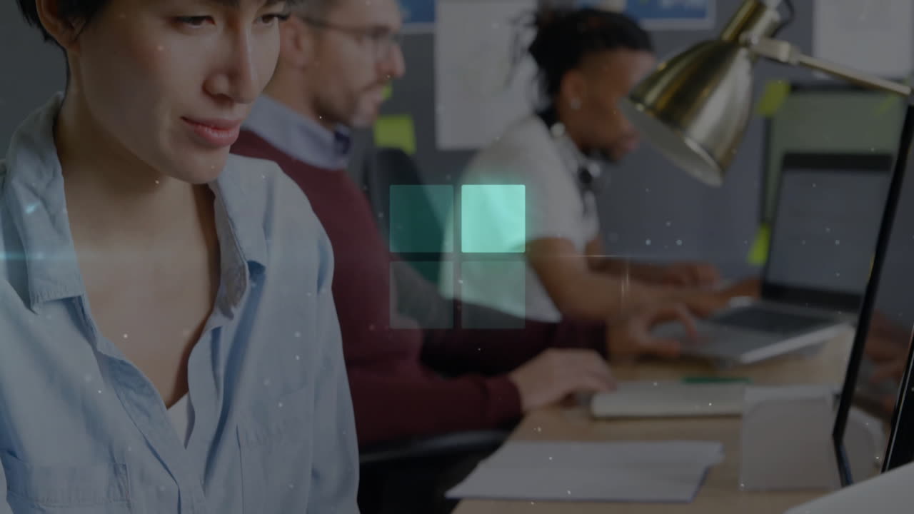 People working at desks with digital data processing animation overlay