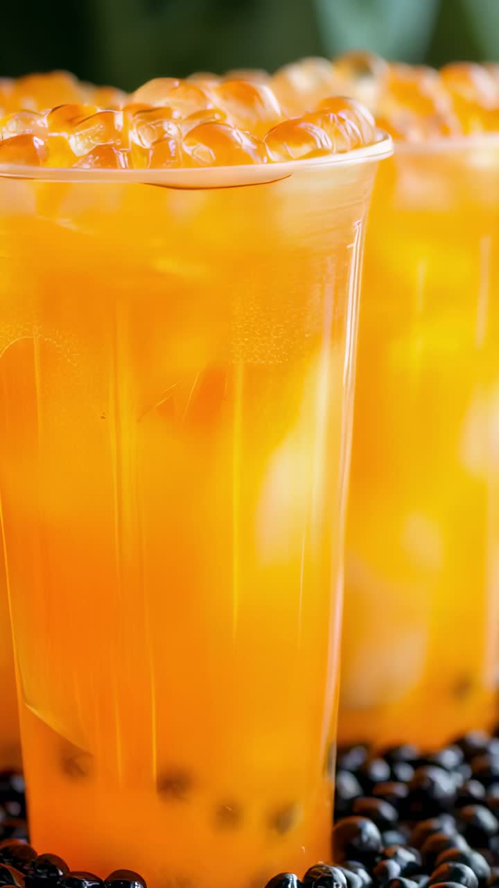 Two plastic cups filled with a refreshing orange iced tea, popping boba, ice cubes, and tapioca pearls create a visually appealing and thirst quenching beverage