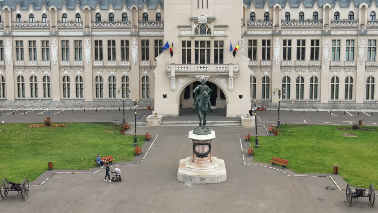 Aerial drone view of central buildings in Iasi, Romania. Square in front of it