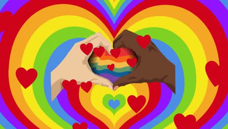 animation of hearts and diverse hands over rainbow heart