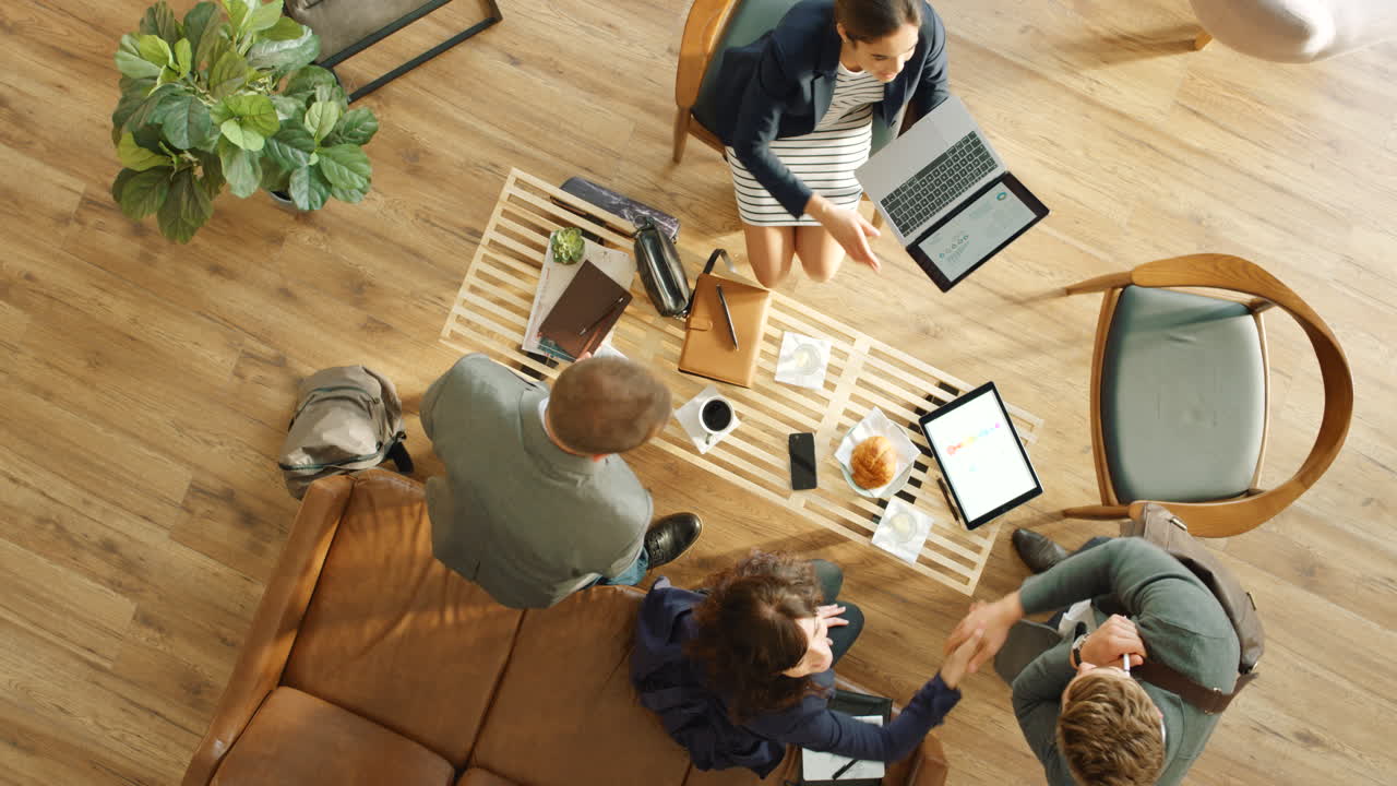 Top view, handshake or business people in meeting