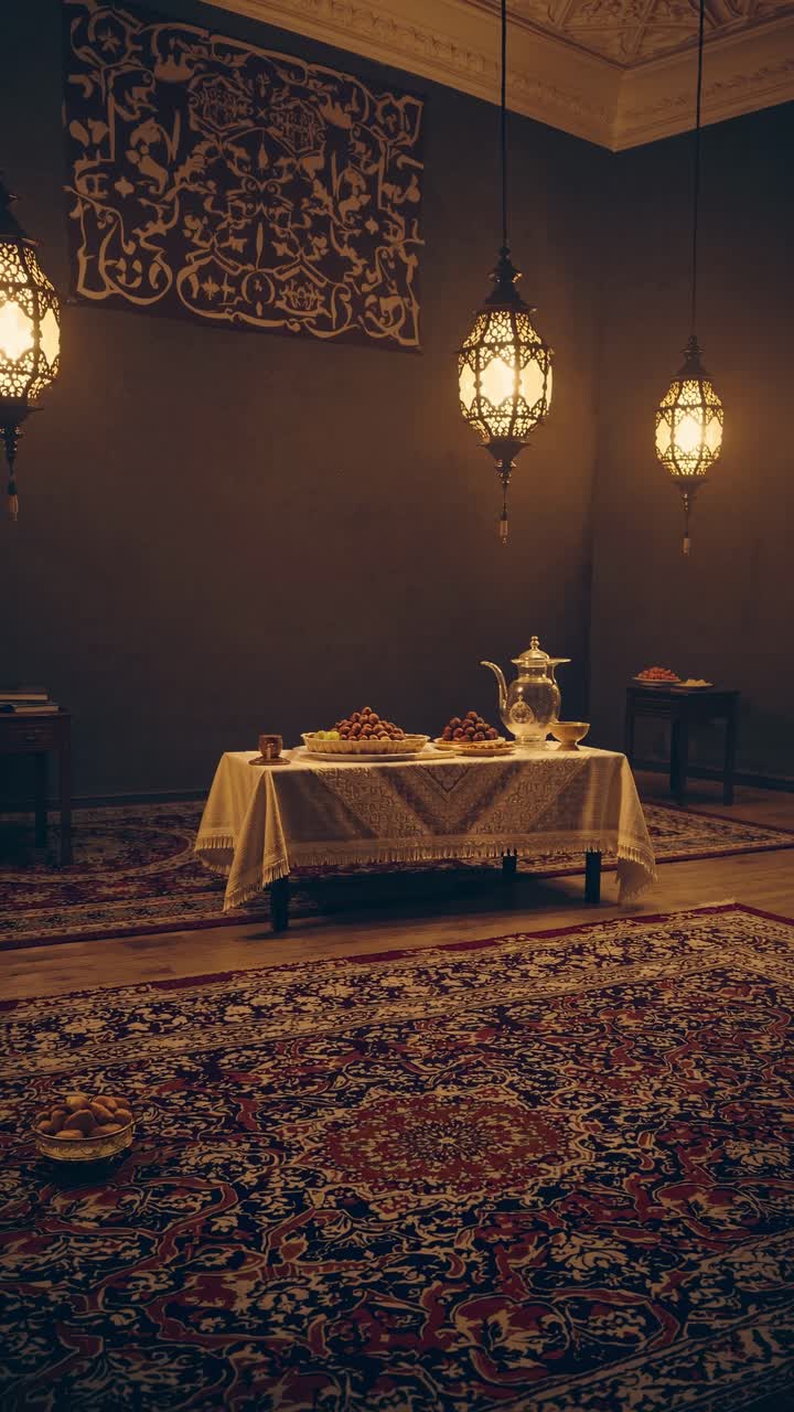Dimly lit room featuring traditional oriental decor, a white tablecloth draped over a table displaying an array of food, with ornate lamps casting a warm glow