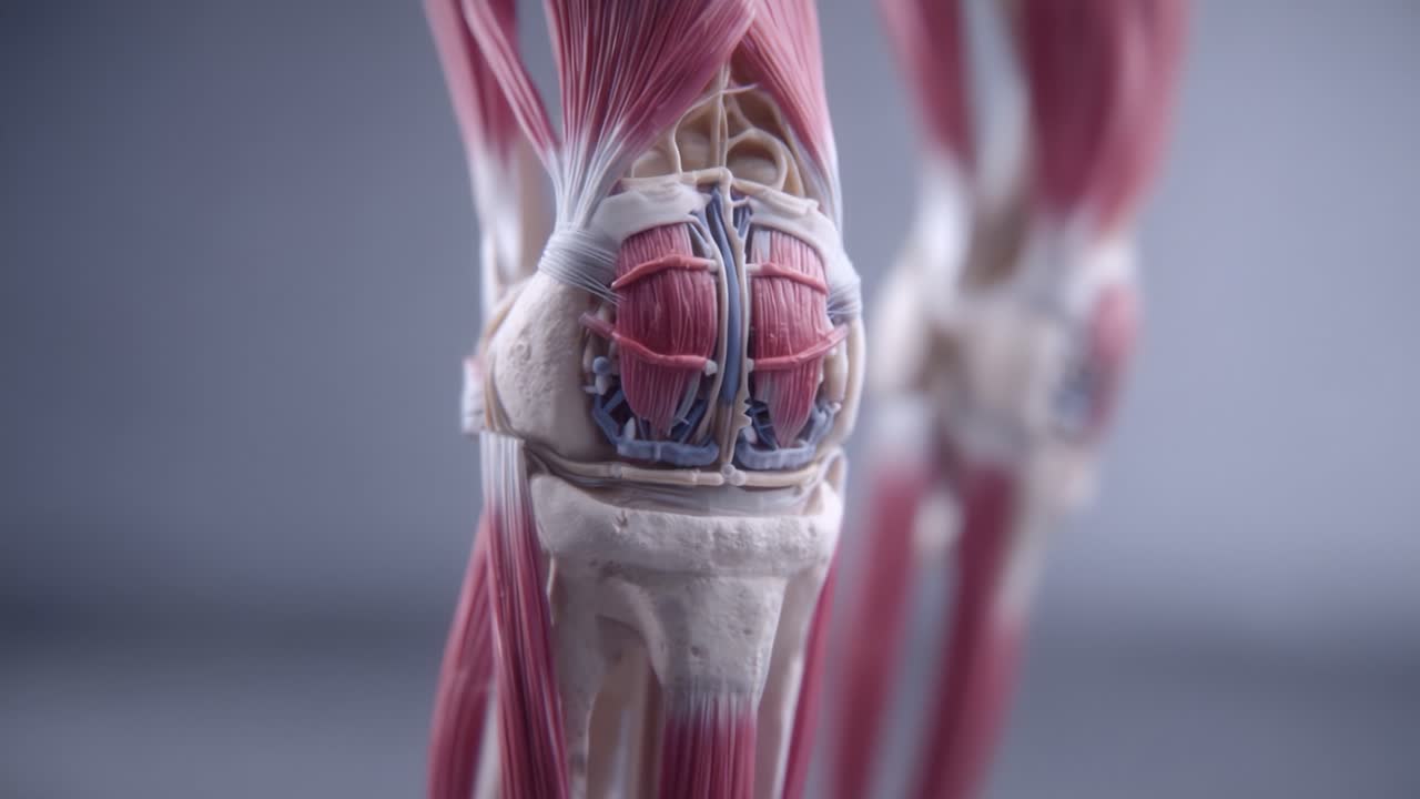 Studio anatomico dettagliato dell'articolazione del ginocchio umano che evidenzia la struttura muscolare e l'organizzazione dei legamenti in alta risoluzione