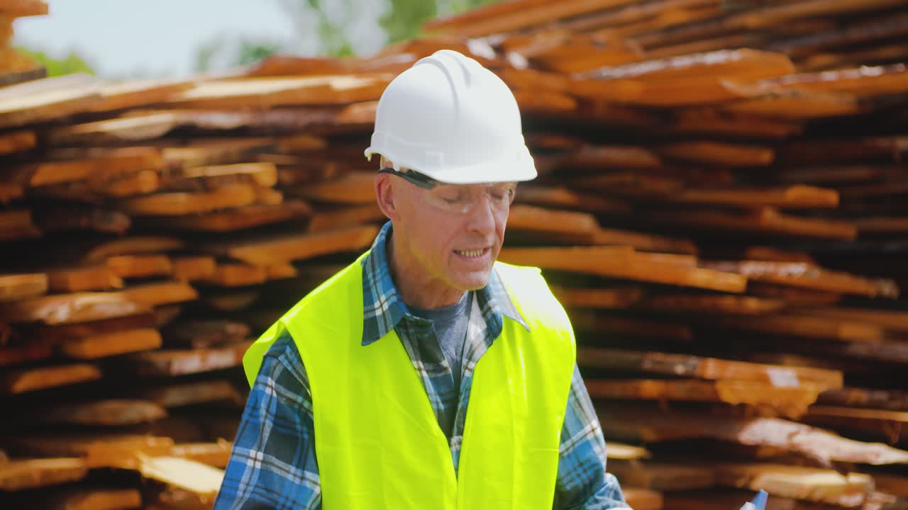 널빤지 더미를 조사하는 남성 근로자 8