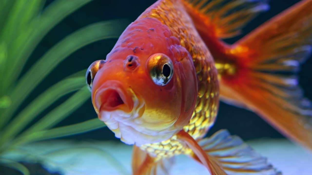Close-up video of a vibrant goldfish swimming, captured from a side angle