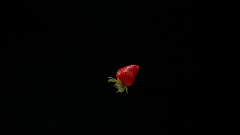 One-fresh-strawberry-fall-down-isolated-on-black-background,-ultra-slow-motion