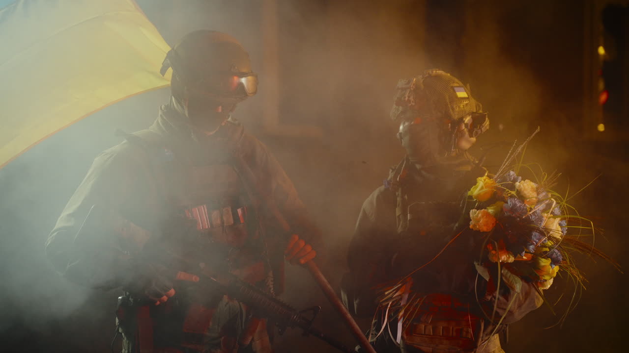 Soldiers in Ukraine with Flowers and Weapons