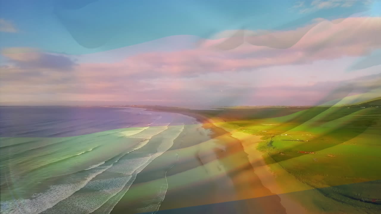 독일  ⁇ 발이 해변 해양 풍경 위에서 날아다니는 애니메이션