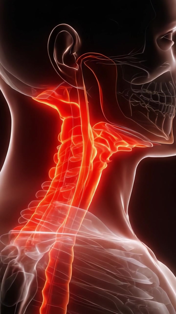 Anatomisk visualisering af menneskets nakkeanatomi, der fremhæver rygsøjlen og nerver i et slående rødt skær til uddannelsesmæssige formål