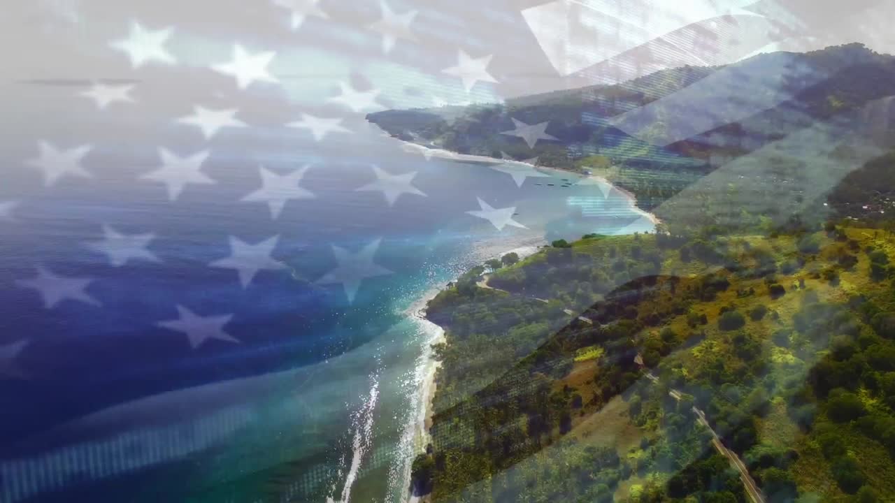 해변 해양 풍경 위에서 날아다니는 미국 국기의 애니메이션