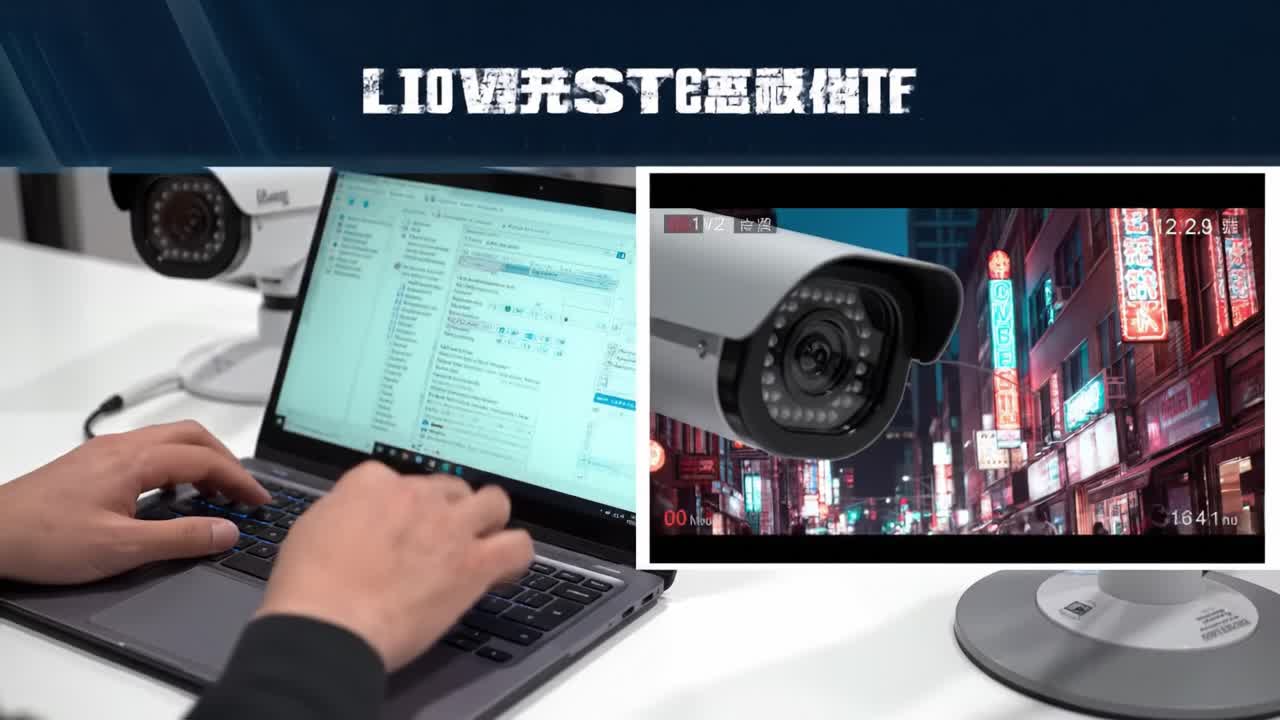 A person operates a laptop while analyzing footage from street cameras showcasing illuminated storefronts and nightlife. The urban landscape is vibrant and bustling at night.