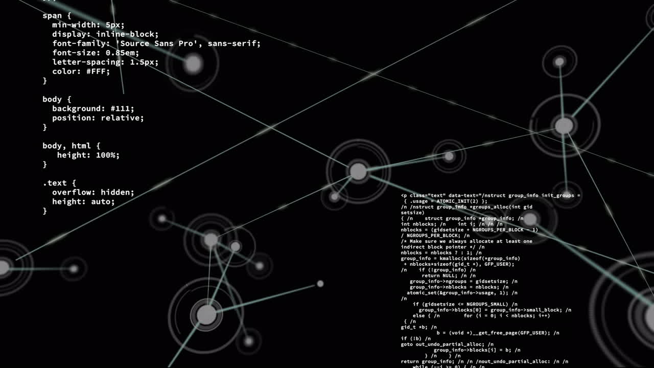 Animation of data processing with network of connections on black background