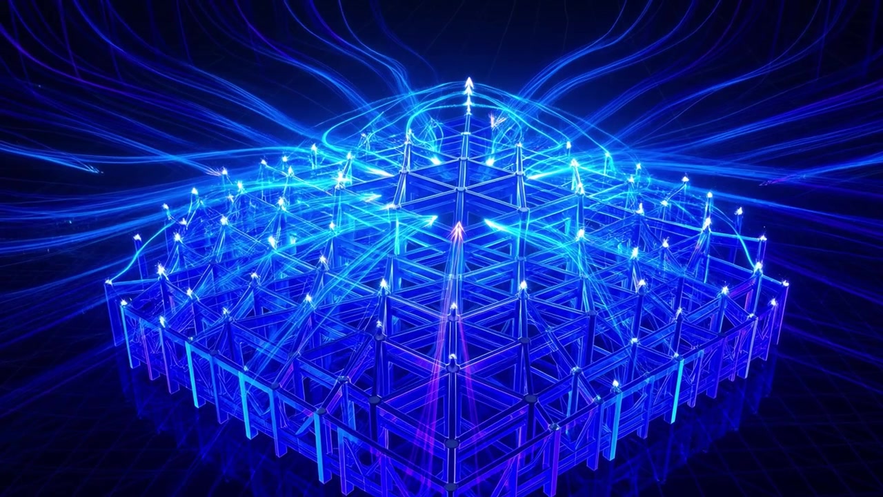 Futuristic Data Flow into a Blue Grid Network Structure
