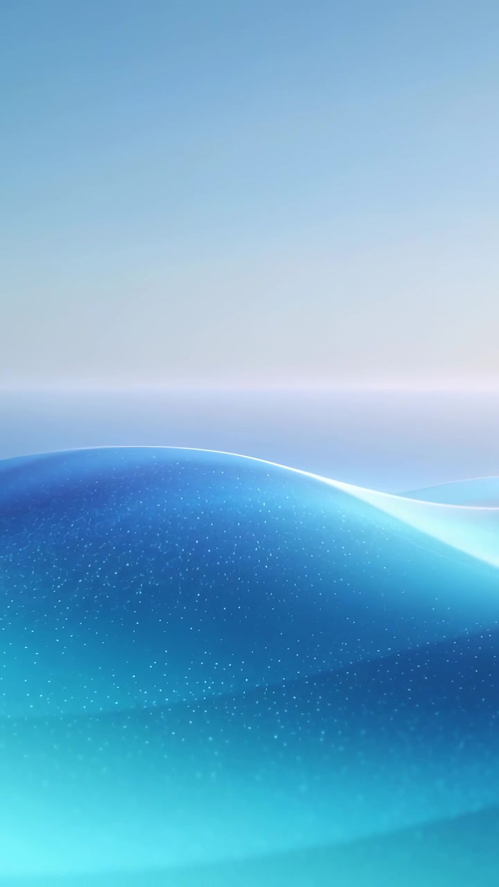 Video verticale: Onda blu luminosa che si sposta, con una fascia di luce che solleva la cresta in un paesaggio marino scintillante.