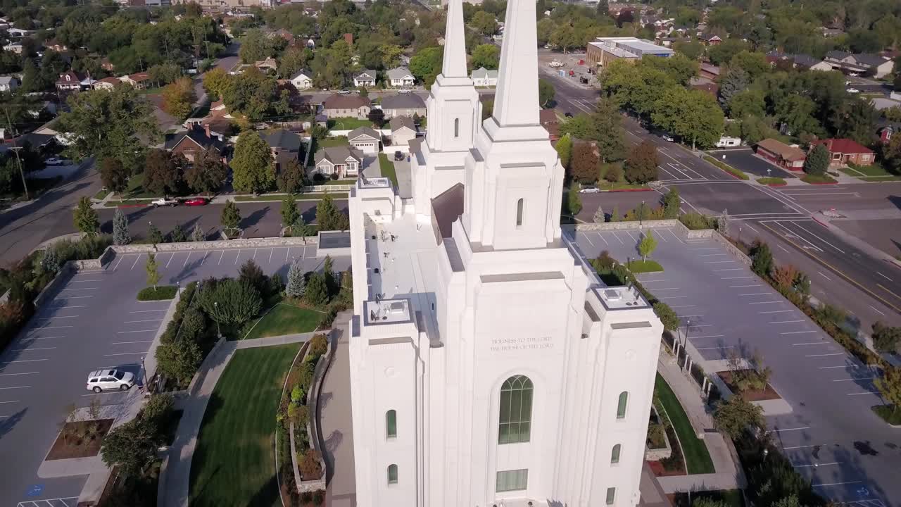 Aerial drone shot of the Brigham City Mormon Temple in Utah