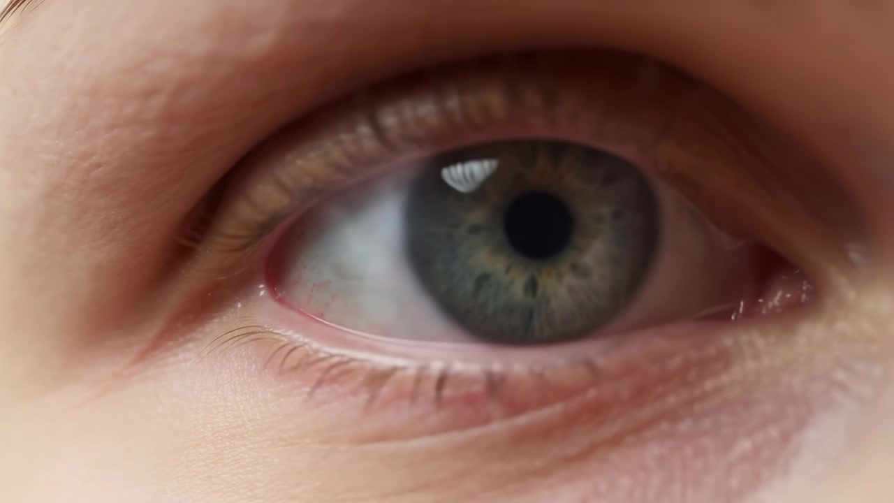 Scena ravvicinata e dinamica di un occhio umano che si allarga delicatamente e mantiene uno sguardo fisso, rivelando un'iride grigio-blu con macchioline verdi, una pupilla centrata, un riflesso corneale luminoso e la pelle circostante sottile.