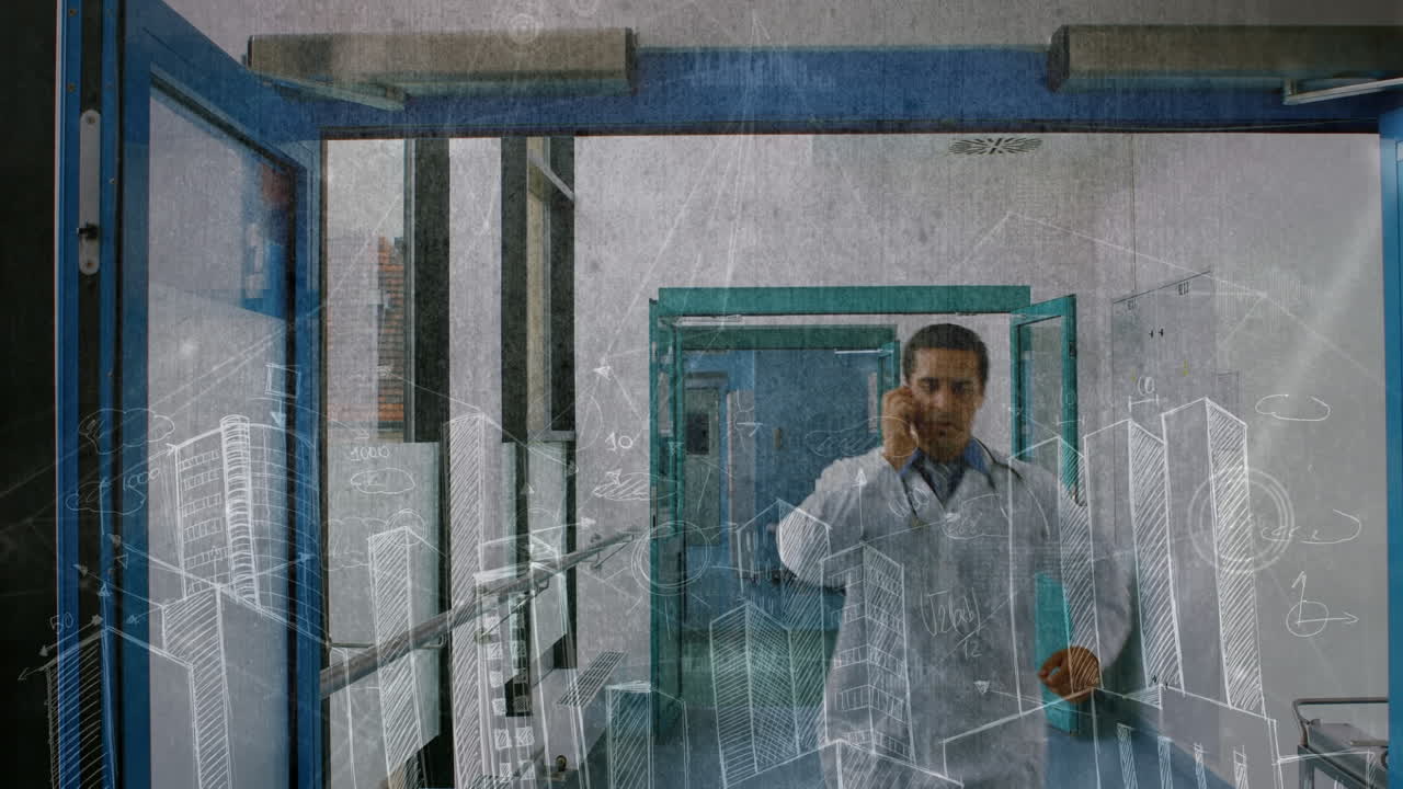 animación de las conexiones de red a través de un médico caucásico usando un teléfono inteligente