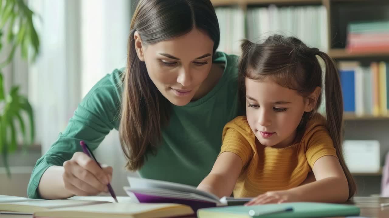 Donna che aiuta una bambina con i compiti e la lettura.