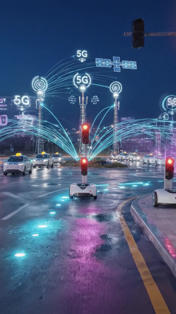 Incrocio stradale innovativo con connettività 5G che mostra tecnologia avanzata e infrastruttura di smart city in un vivace ambiente urbano di notte